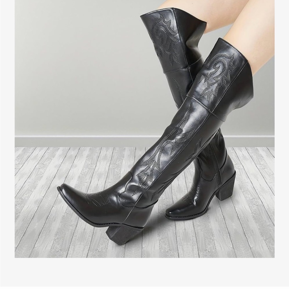 Black Knee High Boots with Embroidery